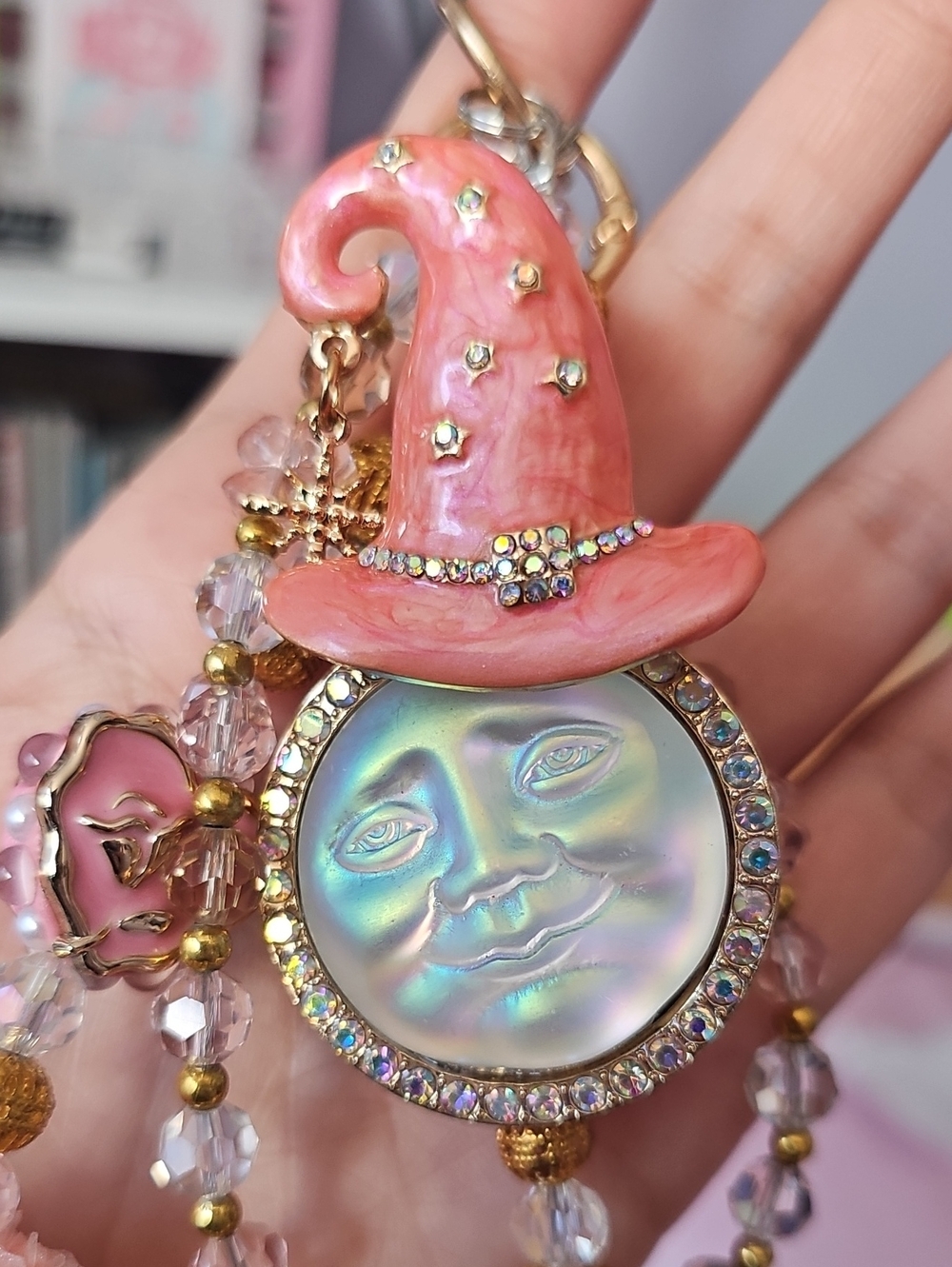 Pink Enamel Witch Hat Moon Purse Charm